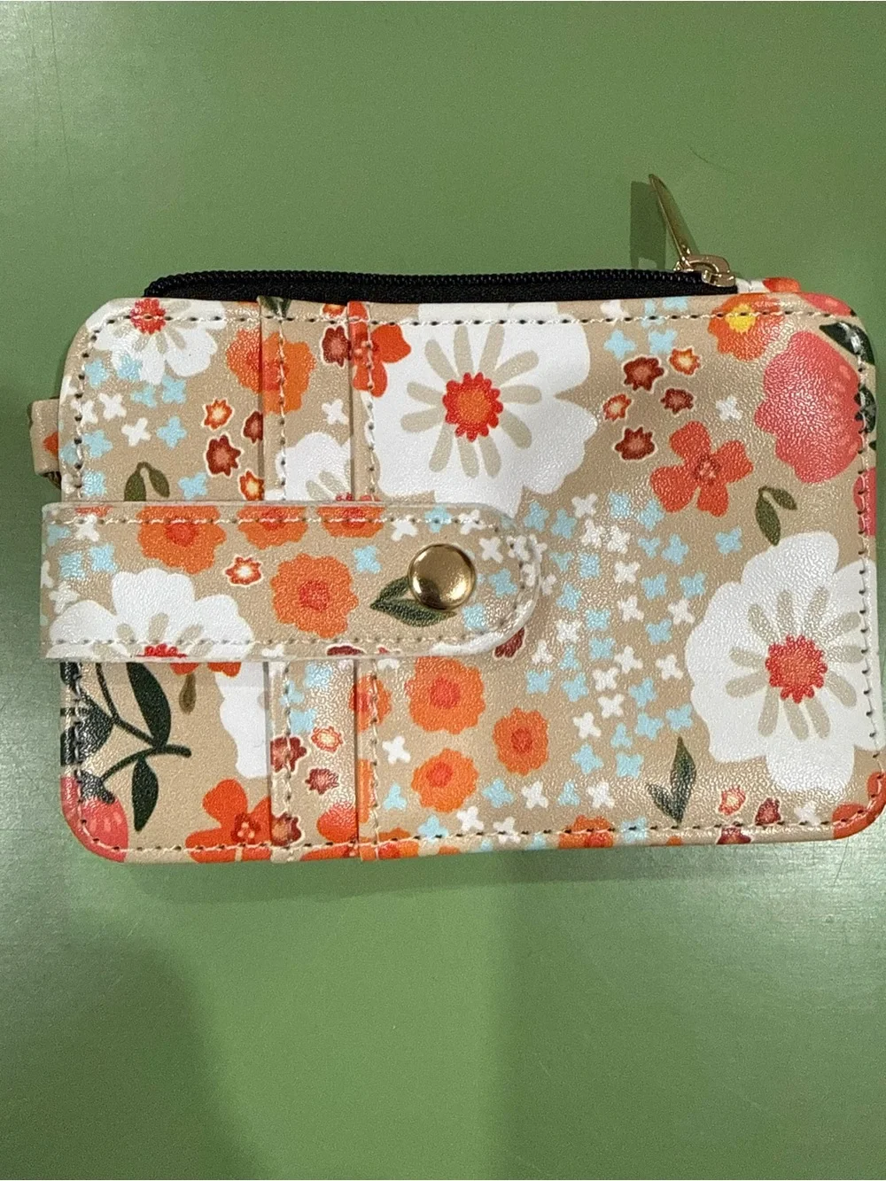 Floral Snap Card Wallet - Beige with Orange and White Flowers
